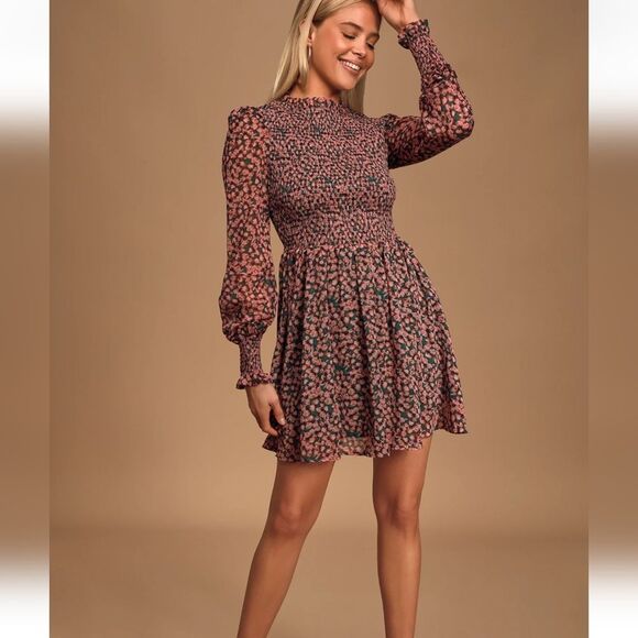 Lulu's NWT Floral Forever Green & Pink Smocked Skater Mini Dress, M - Picture 8 of 16